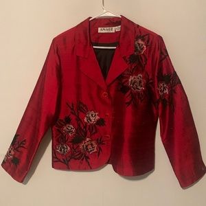ANAGE Embellished Red Silk Button Down Jacket